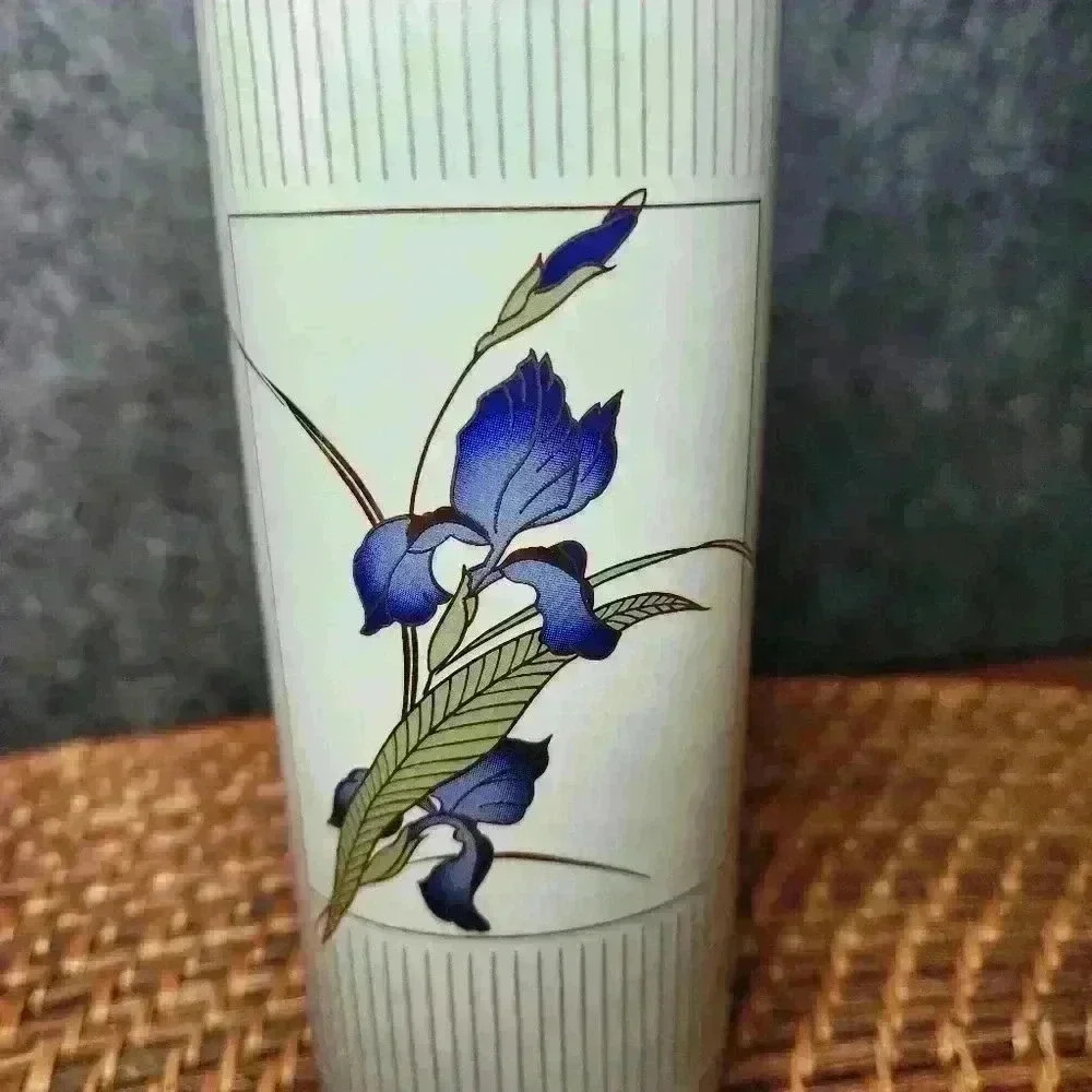Otagiri Grand‎ Iris Japan Porcelain Oval Bud Vase Blue Iris Gold Trim Vintage
